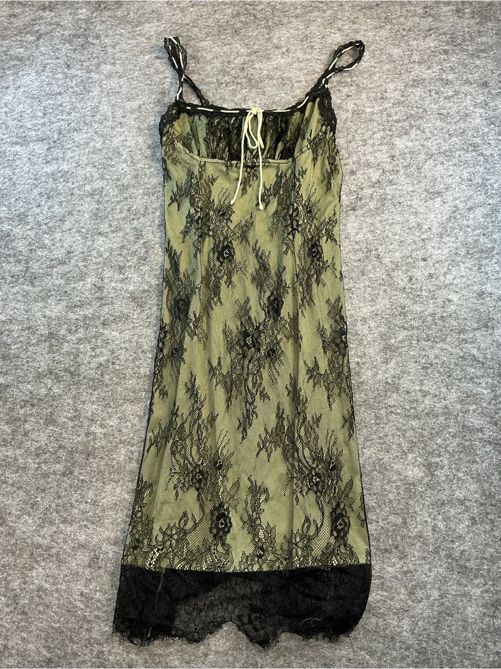 Cider 90s Whimseygoth Style Olive Green Slip Dress with Black Lace Overlay Size